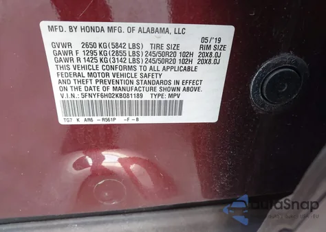 2019 Honda Pilot Elite from USA, damaged, VIN 5FNYF6H02KB081189
